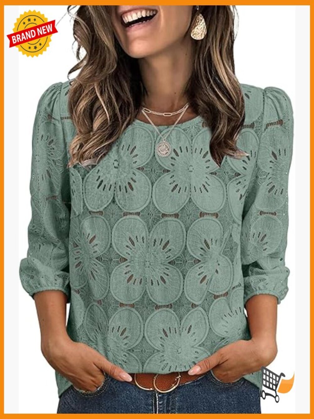 Lace Eyelet Blouse 3/4 Sleeve Bohemian Top Lightweight Summer T-Shirt